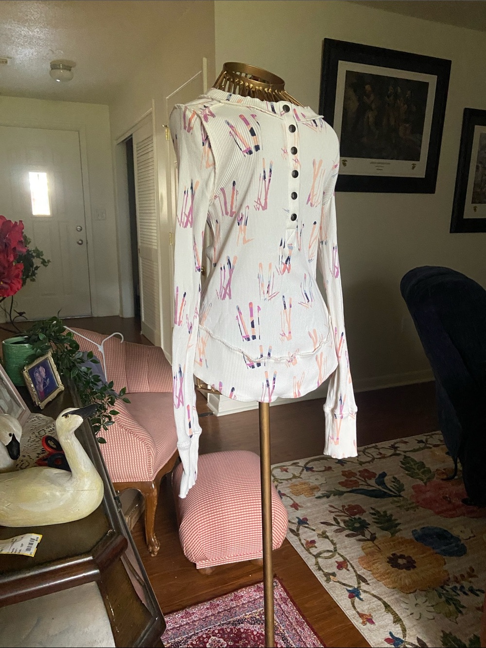 FP Movement by Free People Cream Ribbed Henley with Pastel Abstract Print - Picture 2 of 4